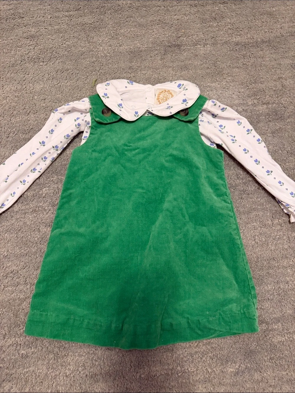The Beaufort Bonnet Company Green Corduroy Jumper with White Floral Blouse